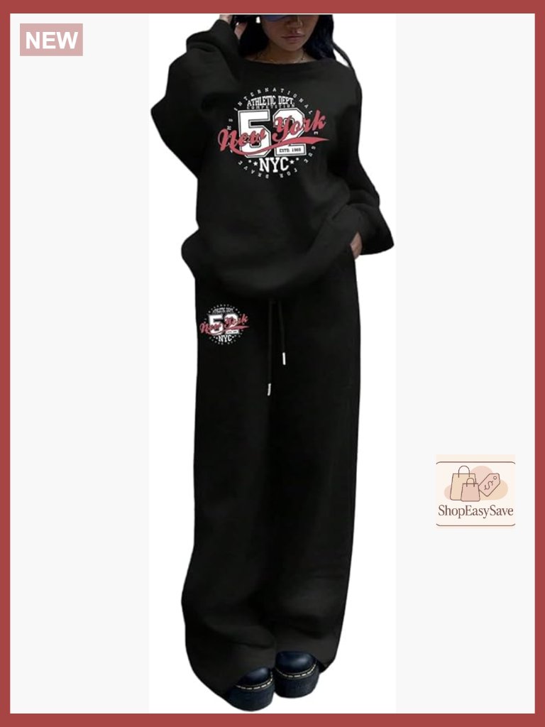 Women's Graphic Sweatsuit Set Off Shoulder Top Wide Leg Pants Casual Chic
